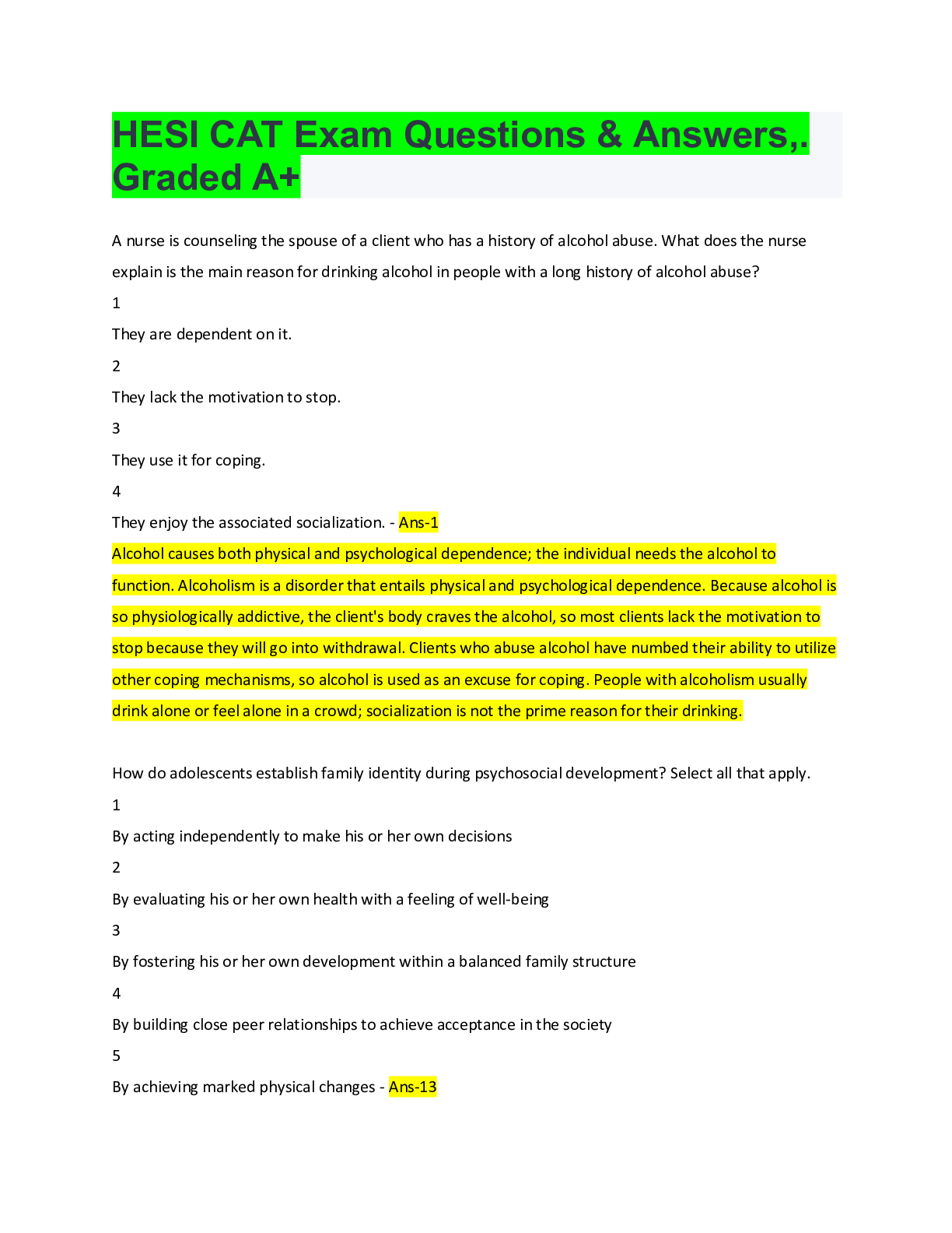 HESI CAT Exam Questions & Answers,. Graded A+ Browsegrades